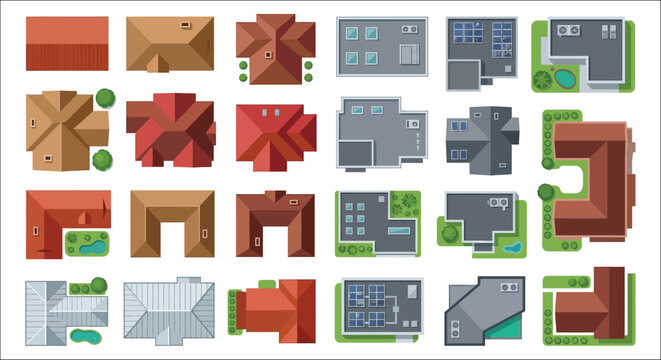 Architectural plan illustrations of various house shapes and building layouts on a white background aerial view architectural design building footprint
