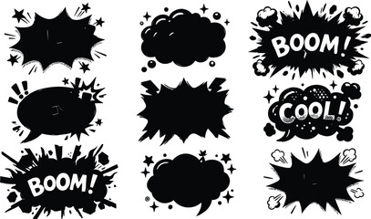 Comic book speech bubbles and explosion effects vector set for graphic design © RaselAhmed