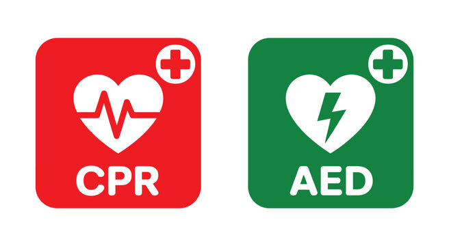 AED vector icons, automated external defibrillator, CPR, heart rescue and first aid emergency symbols in green and red isolated styles.