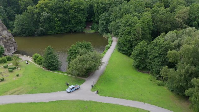 Externsteine Aerial View With Parking Area And Vehicle