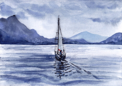 Watercolor painting of a sailboat sailing on a calm lake with mountains in the background