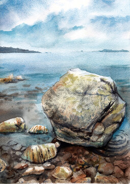Watercolor painting of a large stone on the seashore with a calm sea and horizon