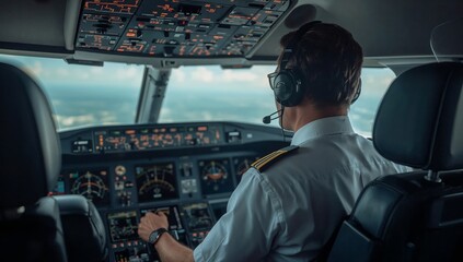 Fototapeta premium Pilot Operates the Controls in the Cockpit During a Flight Over the Landscape in Clear Weather