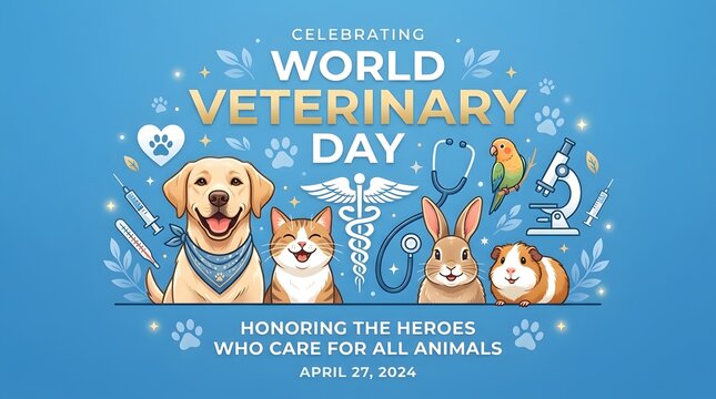 Veterinary day with dog, cat, rabbit, guinea pig, and medical symbols