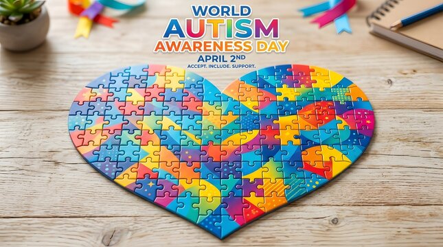 Heart-shaped colorful puzzle pieces for autism awareness day