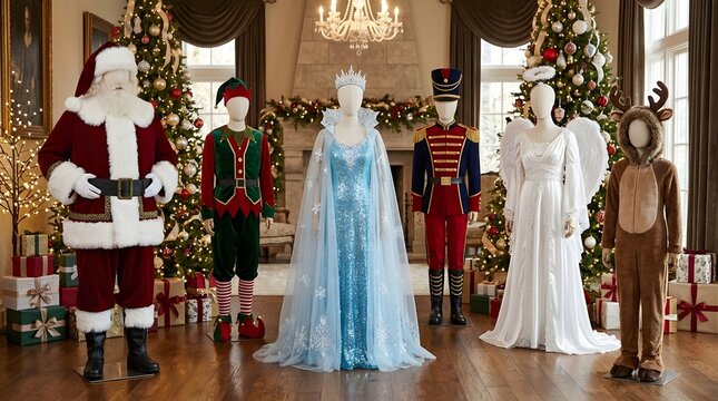 Christmas costume collection featuring santa, elf, ice queen, nutcracker, angel, and reindeer