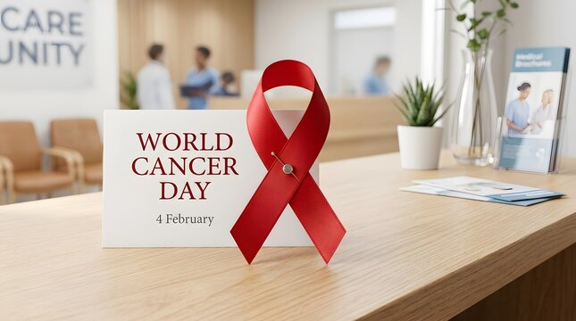 Red awareness ribbon and cancer day sign on a clinic reception desk