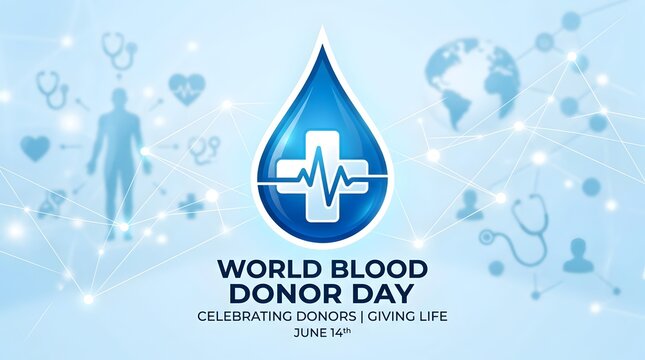 Donor day with blue drop, medical cross, and heartbeat line