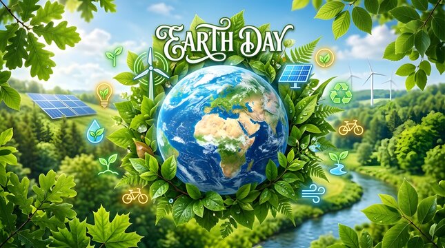 Earth day globe surrounded by green leaves and renewable energy