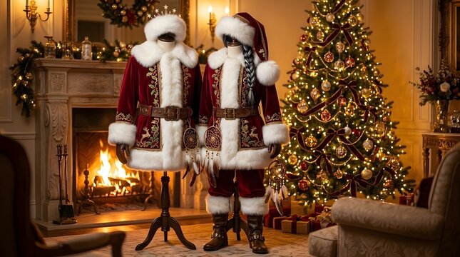 Two luxury santa claus costumes on mannequins by a lit fireplace