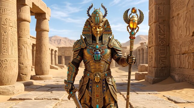 Golden scarab guardian in ancient Egyptian temple ruins