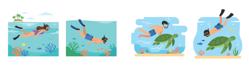 Set of flat vector illustrations featuring people snorkeling and swimming underwater with sea turtles and coral reefs in the ocean © Haris Lost