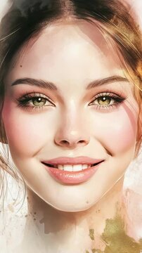 A digital artist shows the process of creating art of a woman. The artist works step by step, focusing on details in each frame. The final image displays a smiling expression