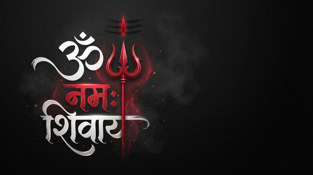 Om Namah Shivaya Hindi Typography with Trident and Sacred Tilak on Dark Background Religious Banner Design