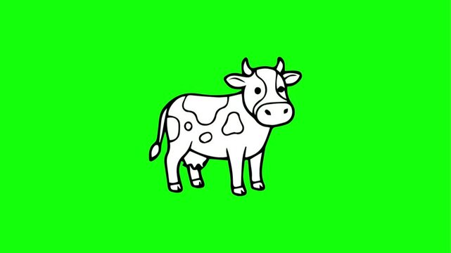 Cute cartoon cow sitting on green background. Adorable animated calf character with happy expression and leaf. Playful farm animal mascot for kids...