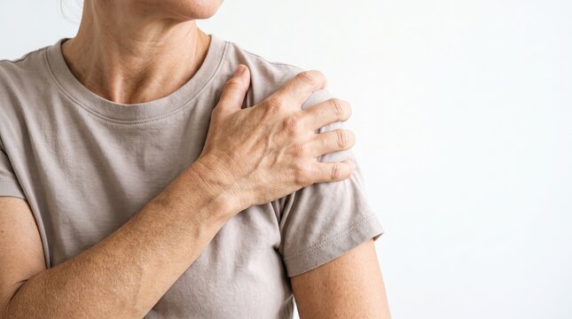 Chronic shoulder pain in senior woman, elderly person touching aching joint, mature patient suffering from muscle injury or arthritis