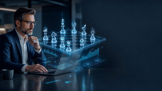 Businessman analyzing digital chessboard with glowing blue pieces and graphs laptop