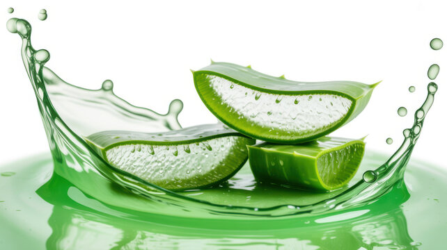 Fresh aloe vera slices falling into splashing green liquid extract on white background art.