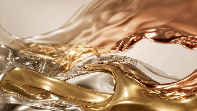 Abstract 3D animation video featuring luxury gold, silver, and bronze liquid metallic splash waves forming a frame loop with copy space.