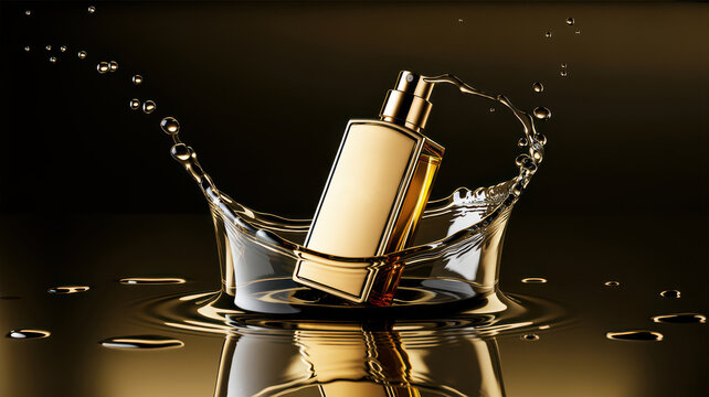 Gold perfume bottle splashing in liquid, luxury fragrance product, dynamic motion.