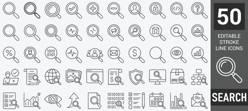 Search Line Icon Set. 50 Editable Stroke Icons of Magnifying Glass, Data Analytics, Global Web Discovery, Document Review, Database Research, and Loupe Symbols, Vector Outline Graphic.