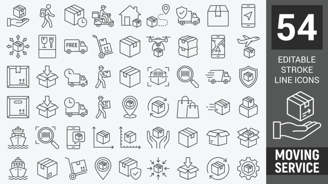 Moving Service web icons in line style. Courier, office move, packing, loaders, collection. Editable stroke.  Vector illustration.