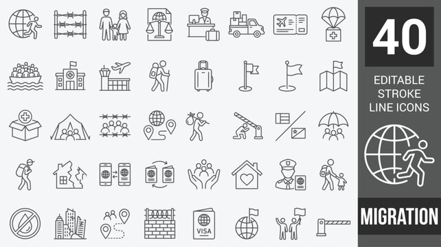 Migration web icons in line style. Visa, nation, war, country, conflict, passport, crisis, immigration, migrant, help, collection. Editable stroke. Vector illustration.