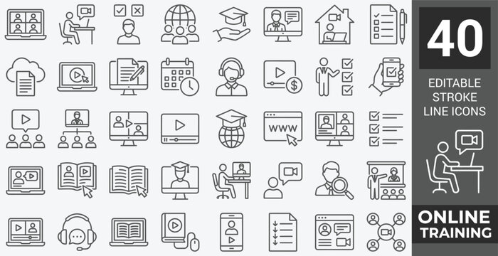 Online Training web icons in line style. Education, seminar, online test, webinar, course, distance learning collection. Editable stroke. Vector illustration.