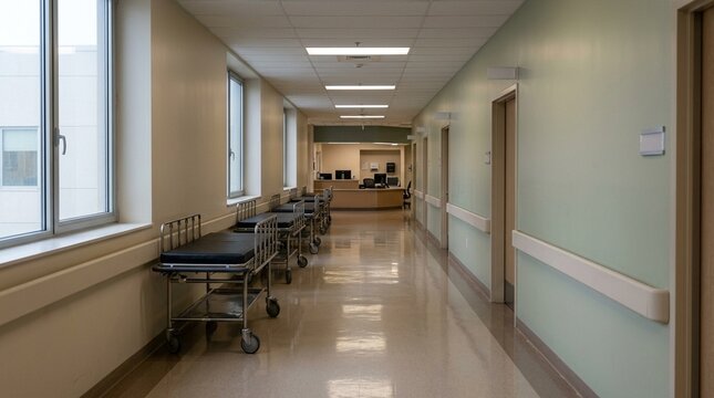 Hospital Corridor Stretching Toward a Nurses Station with Empty Gurneys Parked Along the Wall under Soft Morning Light