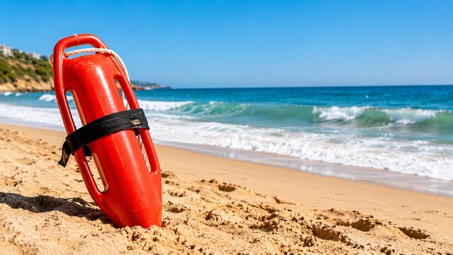 Bright red plastic lifeguard rescue torpedo buoy resting on golden beach sand