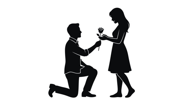 Silhouette of a man proposing to a woman with a rose