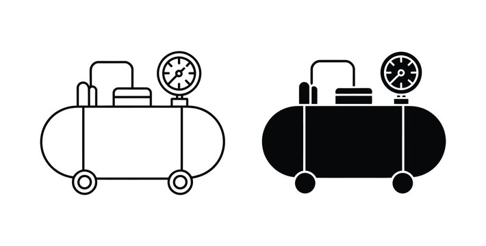 Air compressor icon set, outline and glyph compressed air tank symbols with pressure gauge for industrial equipment and pneumatic systems.