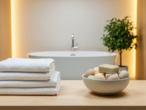 Spa bathroom scene with stack of white towels and bowl of assorted natural soap bars on wooden counter