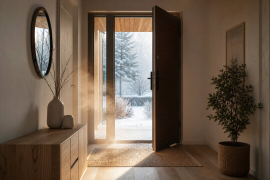 Modern home entrance with open front door during winter causing indoor heat loss and unnecessary residential energy waste