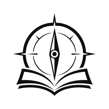 Black and white vector illustration of a compass on an open book isolated on white background