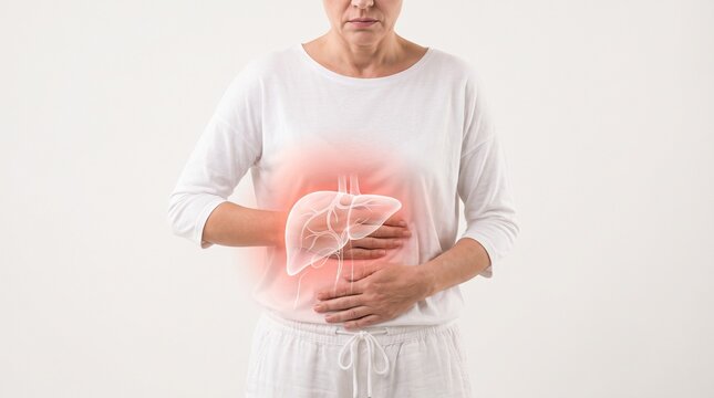 Hepatology. Woman holding her abdomen with a glowing liver anatomy overlay, illustrating liver pain, hepatic disease, digestive health and medical evaluation.