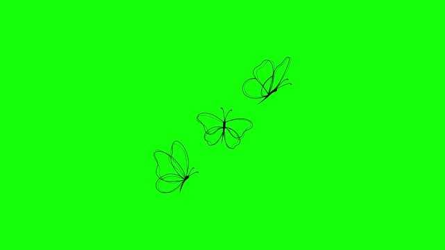 Black butterfly flying against bright green background. Dark insect in motion on solid color backdrop. Minimalist nature concept for design and ani...