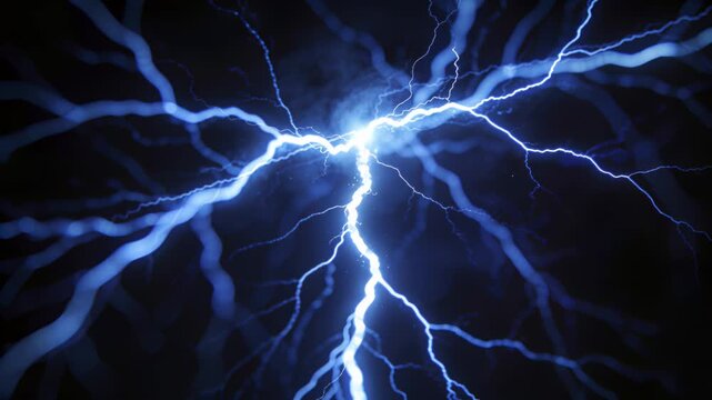 Bright electrical lightning discharges spreading from the center on a dark background, symbolizing high energy, electrical voltage, and the power of natural elements.