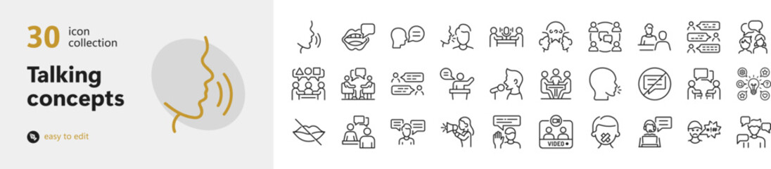 Set of 30 communication and talking thin line icons with communication dialogue language © SREERUP