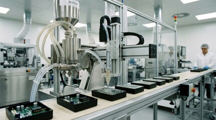 Fototapeta premium Medium shot of automated potting line filling electronic modules with clear resin in clean controlled environment highlighting precision and contaminationfree process.
