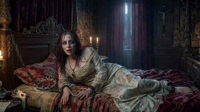 Distressed noblewoman chained on bed in cinematic style, set in dark medieval room interior, symbolizing captivity and despair