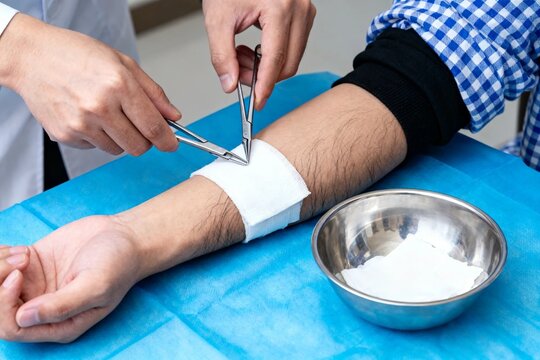 Medical professional suturing a patient&acirc;&euro;&trade;s forearm wound