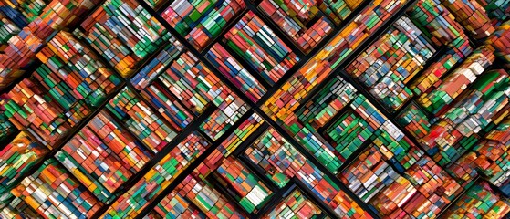 Fototapeta premium Colorful arrangement of many books stacked in a unique pattern at a library or bookstore during the day