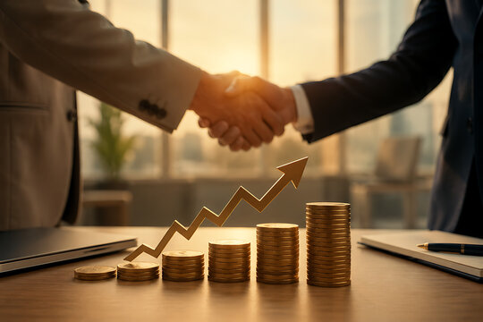 Business partners shaking hands above rising coin stacks and upward arrow, financial growth, successful investment, profitable deal and corporate partnership.