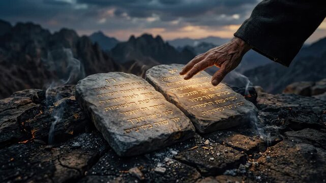 Sacred precept reveal: Ten Commandment, divine word, hand touch, holy light, mountain law, faith guide, moral code, ancient stone.