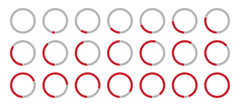 Progress bars. Template of red and gray color fill pie charts indicator. Circle diagrams icons for infographic. Round graph loading progress set. Round percentage infographic without numbers