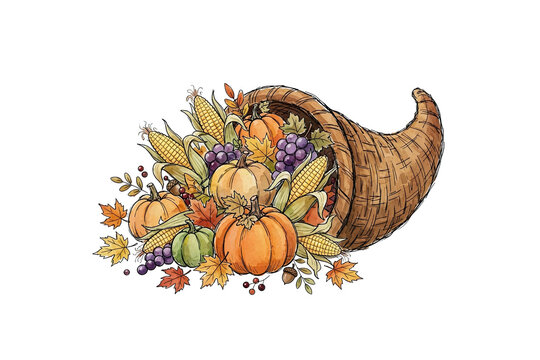 Vibrant autumn cornucopia with pumpkins, corn, and leaves on a transparent background for thanksgiving design and seasonal decor
