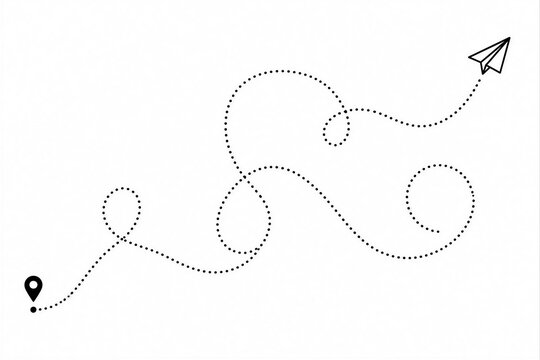 A dotted line shows a winding path that leads to a paper airplane taking off from a starting point. This represents a journey or adventure.