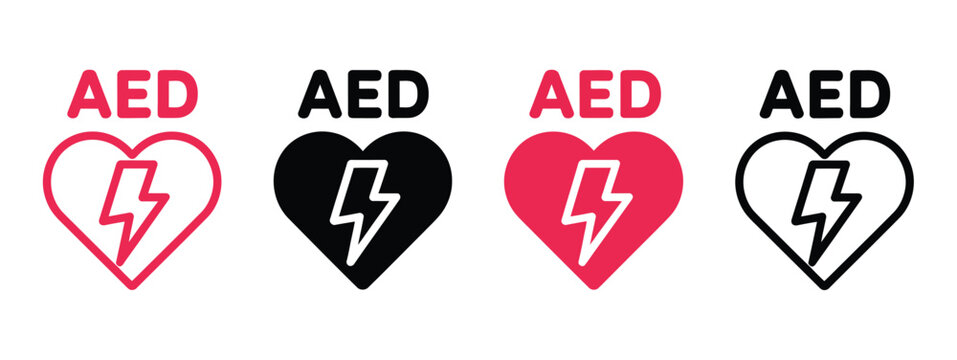AED defibrillator icon set, automated external defibrillator symbols, emergency cardiac shock device signs for healthcare safety and medical applications.