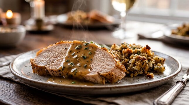Thanksgiving roast turkey with stuffing on a wooden table  
